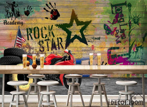 Colorful Wooden Wall Rock Star Drawings Red Motorbike Restaurant Art Wall Murals Wallpaper Decals Prints Decor IDCWP-JB-001120