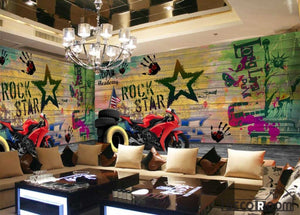 Colorful Wooden Wall Rock Star Drawings Red Motorbike Restaurant Art Wall Murals Wallpaper Decals Prints Decor IDCWP-JB-001120