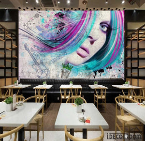 Graphic Design Woman Colorful Hair Restaurant Art Wall Murals Wallpaper Decals Prints Decor IDCWP-JB-001131