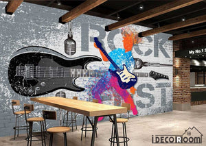 Gray Wall Graphic Design Colorful Drawing Man Playing Electric Guitar Restaurant Art Wall Murals Wallpaper Decals Prints Decor IDCWP-JB-001134