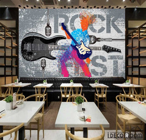 Gray Wall Graphic Design Colorful Drawing Man Playing Electric Guitar Restaurant Art Wall Murals Wallpaper Decals Prints Decor IDCWP-JB-001134