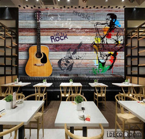 Colorful Wooden Wall 3D Guitar Drawing Man With Saxophone Restaurant Art Wall Murals Wallpaper Decals Prints Decor IDCWP-JB-001135