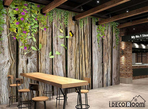 Wooden Wall With Green Leaves Restaurant Art Wall Murals Wallpaper Decals Prints Decor IDCWP-JB-001141