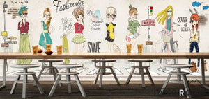 White Wall Drawing Fashion Cartoons Restaurant Art Wall Murals Wallpaper Decals Prints Decor IDCWP-JB-001146