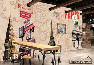 Sepia Drawing Eiffel Tower Collage Restaurant Art Wall Murals Wallpaper Decals Prints Decor IDCWP-JB-001154