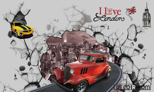 Old Vintage Red Car Breaking Through Cement Wall Restaurant Art Wall Murals Wallpaper Decals Prints Decor IDCWP-JB-001166