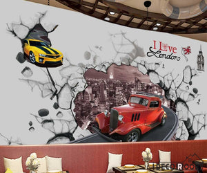 Old Vintage Red Car Breaking Through Cement Wall Restaurant Art Wall Murals Wallpaper Decals Prints Decor IDCWP-JB-001166