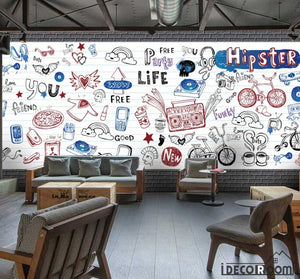 White Wall Hipster Drawing Restaurant Art Wall Murals Wallpaper Decals Prints Decor IDCWP-JB-001169