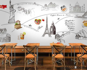 White Wall Drawing Icon Cities New York Taj Mahal Paris London Rome Restaurant Art Wall Murals Wallpaper Decals Prints Decor IDCWP-JB-001173