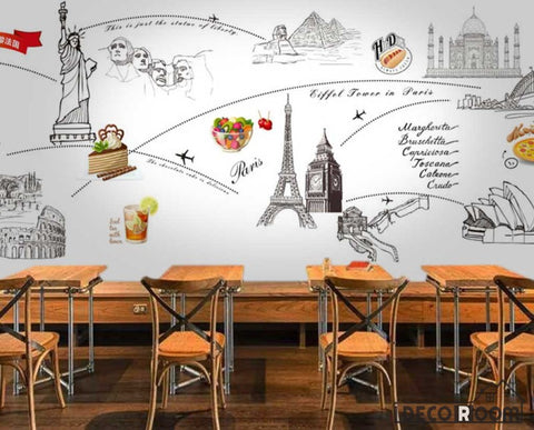 Image of White Wall Drawing Icon Cities New York Taj Mahal Paris London Rome Restaurant Art Wall Murals Wallpaper Decals Prints Decor IDCWP-JB-001173