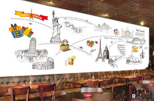 White Wall Drawing Icon Cities New York Taj Mahal Paris London Rome Restaurant Art Wall Murals Wallpaper Decals Prints Decor IDCWP-JB-001173