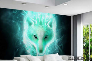 Graphic Design White Wolf Green Flames Living Room Restaurant Art Wall Murals Wallpaper Decals Prints Decor IDCWP-JB-001177