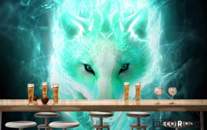 Graphic Design White Wolf Green Flames Living Room Restaurant Art Wall Murals Wallpaper Decals Prints Decor IDCWP-JB-001177