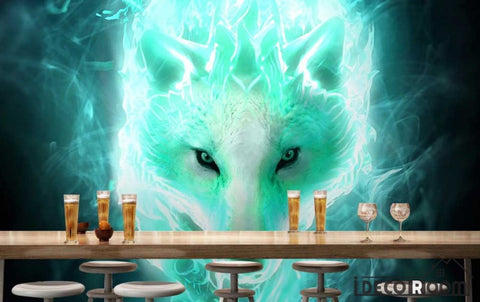 Image of Graphic Design White Wolf Green Flames Living Room Restaurant Art Wall Murals Wallpaper Decals Prints Decor IDCWP-JB-001177