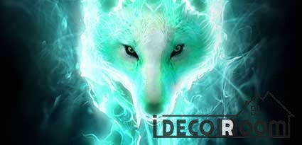 Image of Graphic Design White Wolf Green Flames Living Room Restaurant Art Wall Murals Wallpaper Decals Prints Decor IDCWP-JB-001177