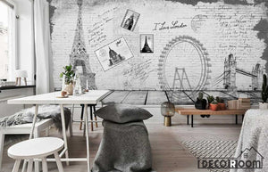 White Wall Drawing Eiffel Tower London Eye Tower Bridge Living Room Art Wall Murals Wallpaper Decals Prints Decor IDCWP-JB-001188