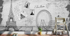 White Wall Drawing Eiffel Tower London Eye Tower Bridge Living Room Art Wall Murals Wallpaper Decals Prints Decor IDCWP-JB-001188