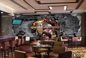 Old Vintage Car Braking Through Black Cement Wall Ktv Club Art Wall Murals Wallpaper Decals Prints Decor IDCWP-JB-001196