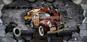 Old Vintage Car Braking Through Black Cement Wall Ktv Club Art Wall Murals Wallpaper Decals Prints Decor IDCWP-JB-001196