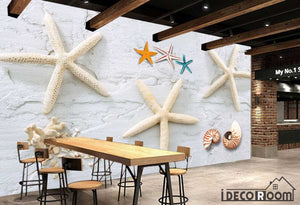 3D White Starfishes On White Wall Living Room Restaurant Art Wall Murals Wallpaper Decals Prints Decor IDCWP-JB-001232