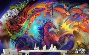 Colorful Graphic Design Woman With Rainbow Hair Dragon Living Room Restaurant Art Wall Murals Wallpaper Decals Prints Decor IDCWP-JB-001257