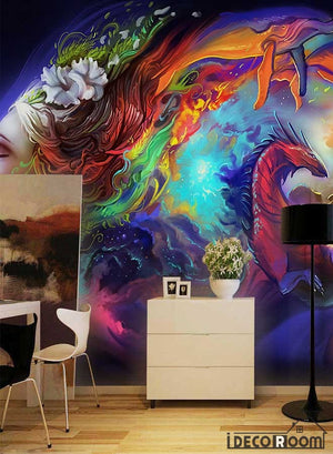 Colorful Graphic Design Woman With Rainbow Hair Dragon Living Room Restaurant Art Wall Murals Wallpaper Decals Prints Decor IDCWP-JB-001257