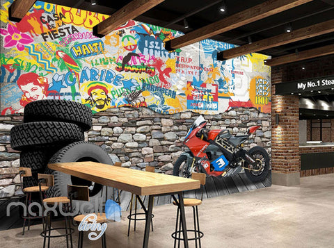 Image of 3D Graffiti Motor Wheels Rock Wall Murals Wallpaper Wall Art Decals Decor IDCWP-TY-000111