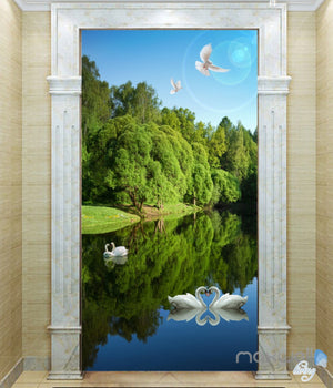 3D Swan Lake Forest Corridor Entrance Wall Mural Decals Art Print Wallpaper 045