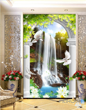 3D Lotus Bird Fall Corridor Entrance Wall Mural Decals Art Print Wallpaper 062